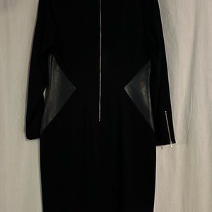 Black Banana Republic dress with gold hardware and vegan leather accents